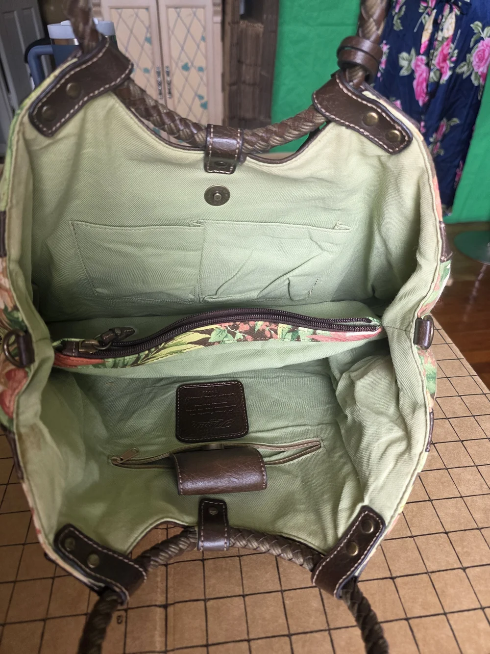 Fossil Spring Floral Canvas Satchel w/ Wooden Key Charm, 16x10, 5” Drop